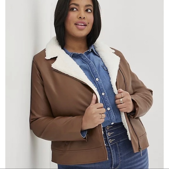 torrid Jackets & Blazers - Torrid - COGNAC FAUX LEATHER SHERPA LINED MOTO JACKET